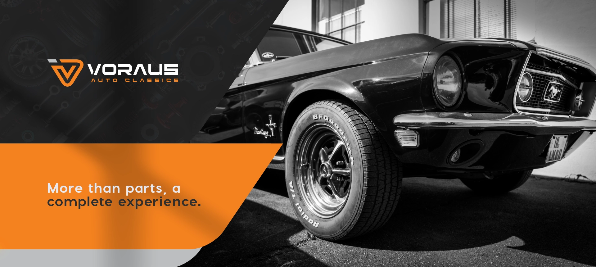 Black classic Mustang highlighted, symbolizing Voraus Auto Classics' complete experience in the automotive sector.